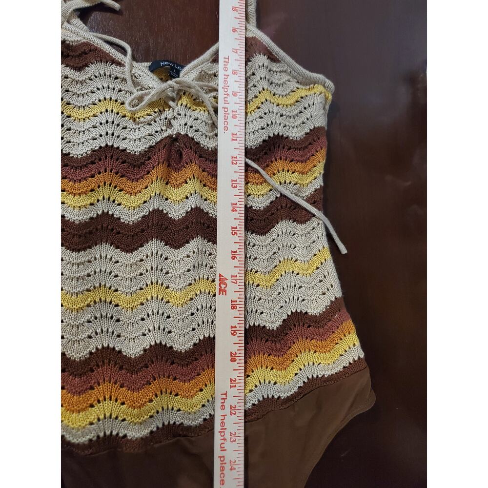 Vtg New Look Y2K Crochet Knit Zig Zag Lace Up Tank Bodysuit Size L Boho Festival - Picture 12 of 12